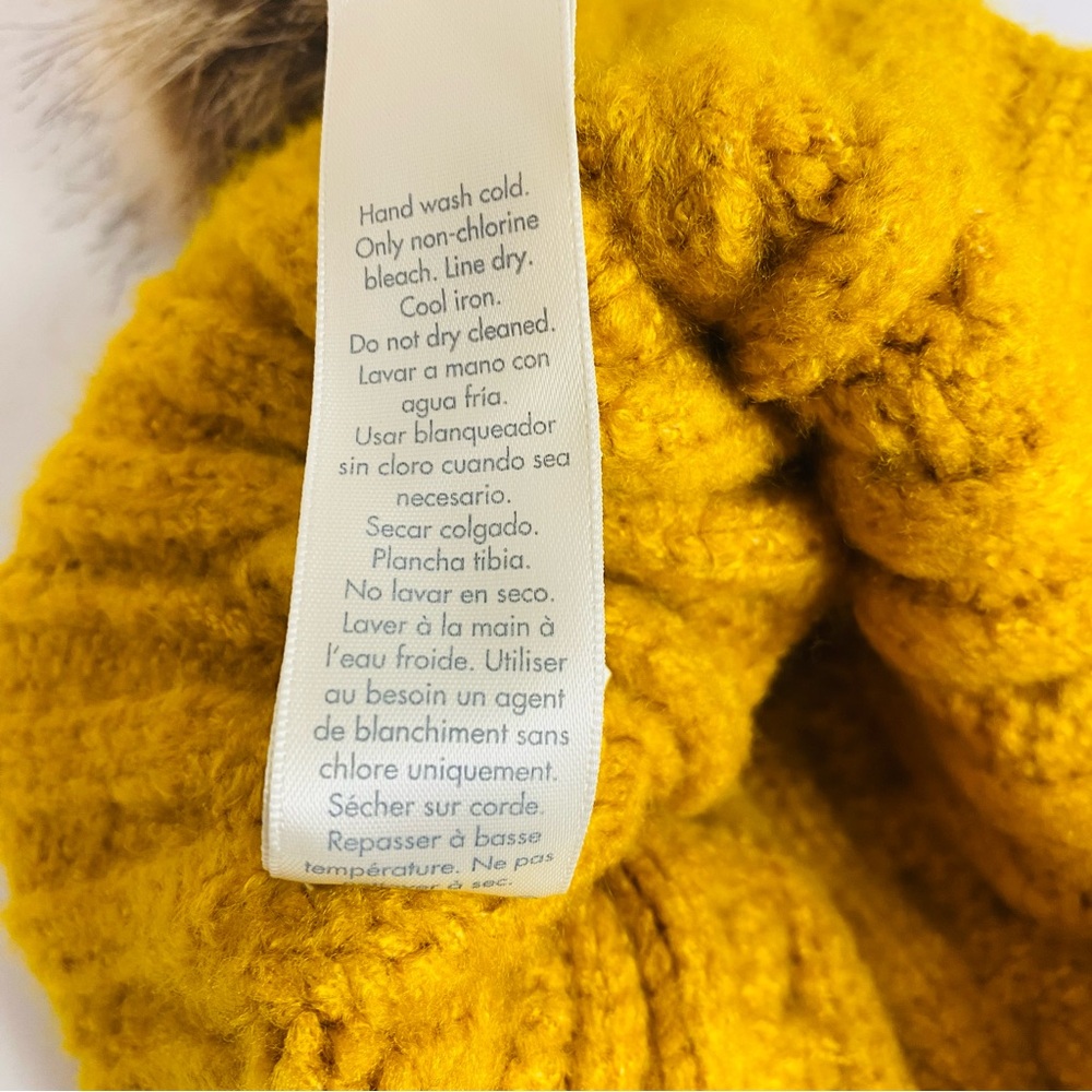 Frye & Co Mustard Yellow Cable Knit Beanie W/ Faux Fur Pom OS - Picture 4 of 4